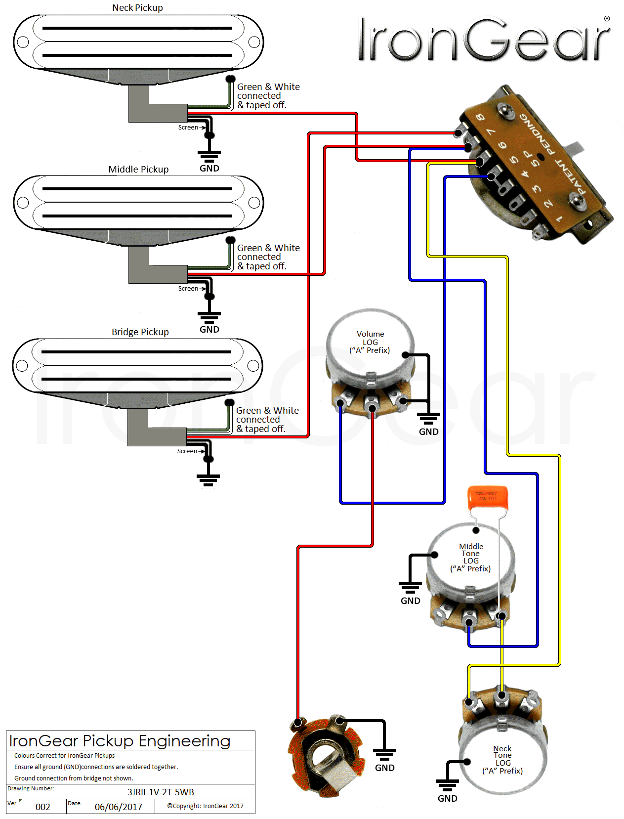 Strat Wiring Diagram 5 Way Switch 1 Humbucker 2 Single 1 Volume 2 Tone from irongear.co.uk